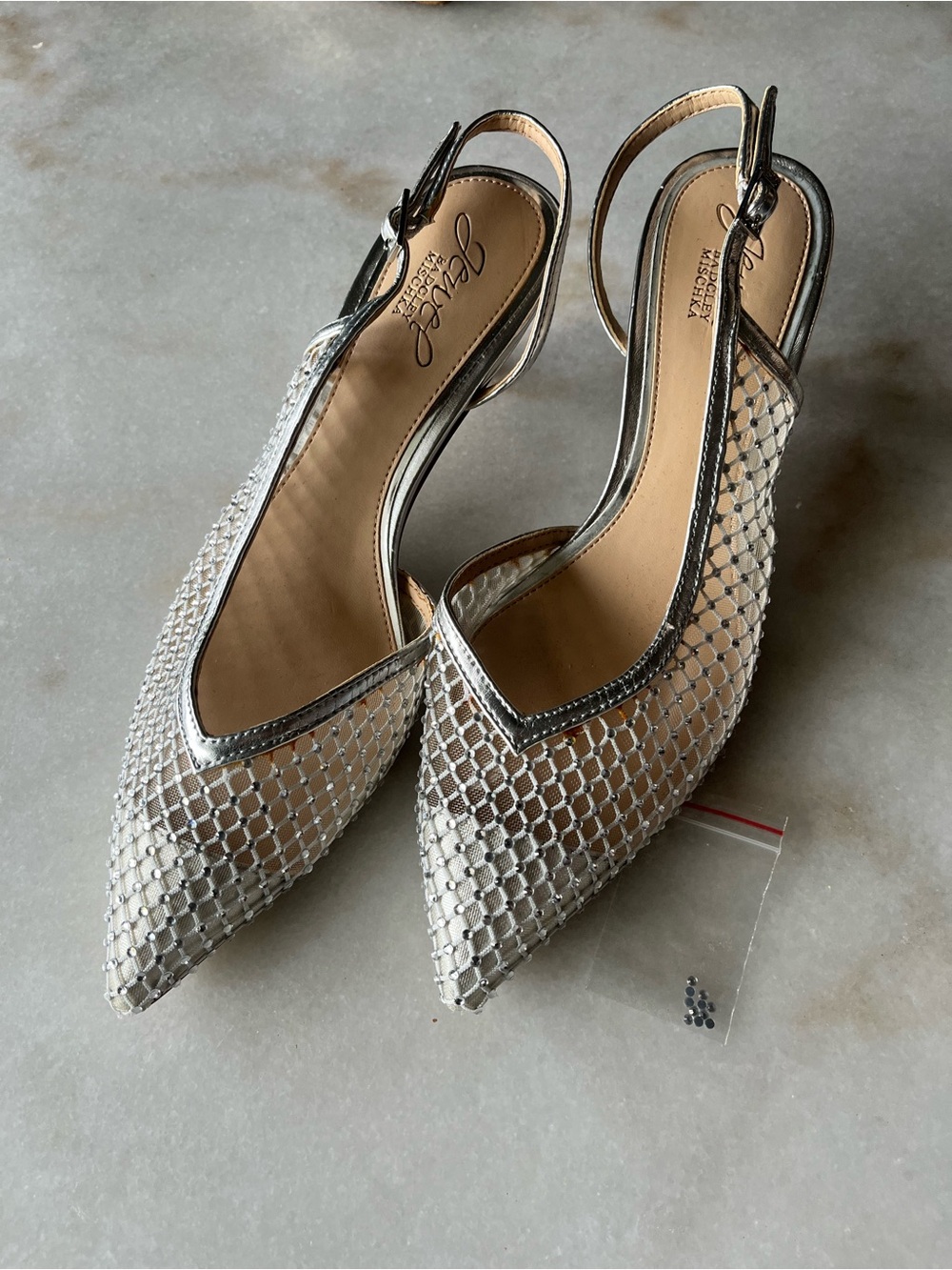 Jewel Badgley Mischka Silver Mesh Pointed Slingback Heels